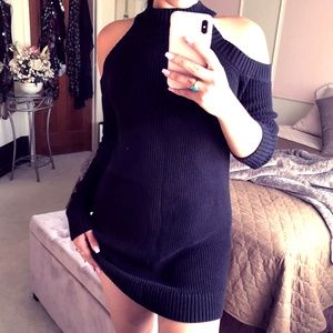 Black ribbed cold shoulder sweater dress